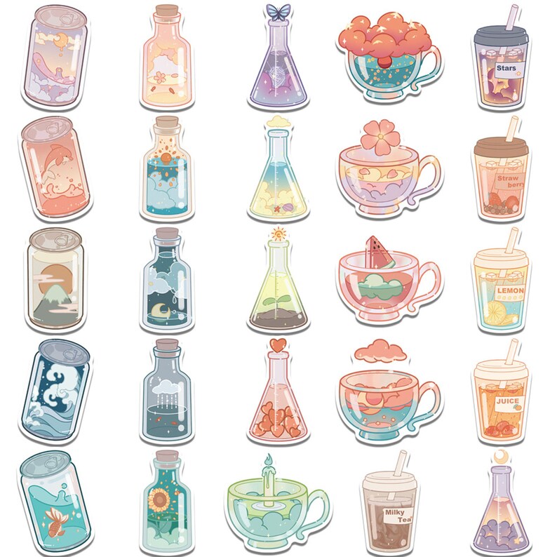 May include: A set of 20 colorful stickers featuring various drinks and bottles. The stickers are in a cartoon style and feature designs like stars, clouds, hearts, and fruit. The stickers are perfect for adding a touch of whimsy to your planner, laptop, or water bottle.