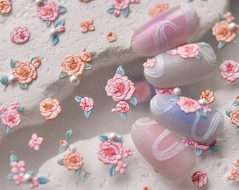 Pegatinas de flores rosas para uñas, calcomanías de flores en relieve para uñas, pegatinas para uñas con dijes, pegatinas florales para uñas, arte floral para uñas, uñas DIY