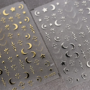 Gold Moon And Star Nail Stickers, Silver Moon And Star Nail Stickers, Gold Boho Nail Stickers, Nail Decal Art, DIY Nails
