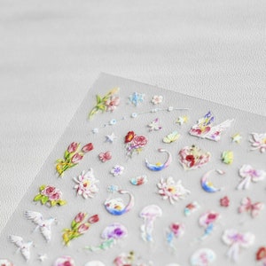 May include: A sheet of clear nail stickers with various designs, including flowers, stars, moons, and butterflies. The stickers are in shades of pink, blue, green, and white.