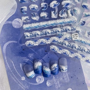 Pegatinas para uñas con olas del océano, calcomanías para uñas de verano, calcomanías para uñas con océano azul, calcomanías para uñas autoadhesivas, calcomanías para uñas, relieve 5D, uñas DIY