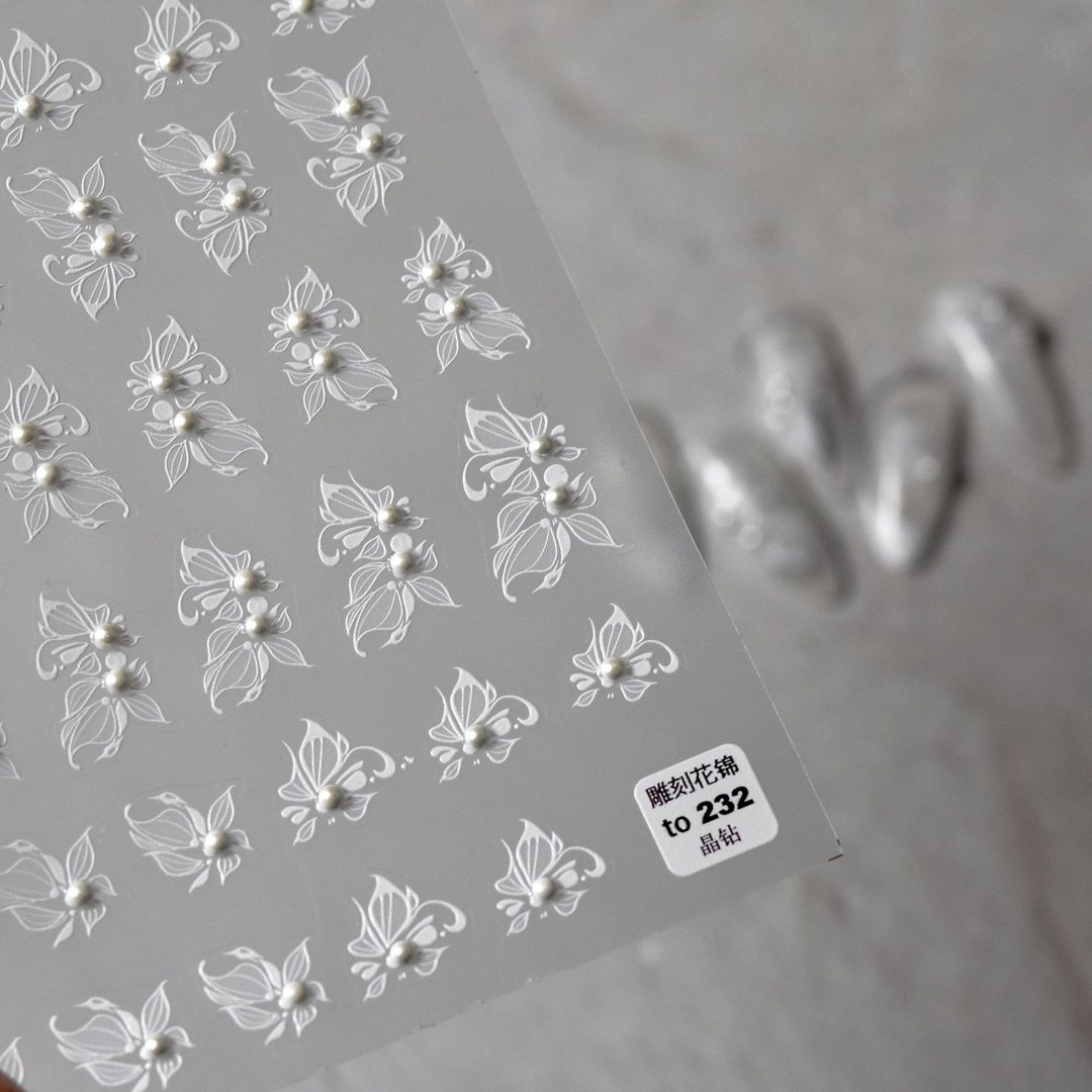 White Flower Nail Stickers With Pearl Flower Nail Decals Etsy