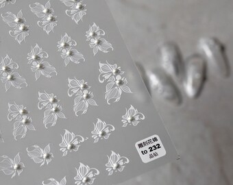 Pegatinas de flores blancas para uñas con perlas, calcomanías de flores para uñas, adornos para uñas, arte de uñas con flores, pegatinas para uñas, uñas DIY