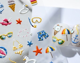 Summer Beach Nail Stickers, Summer Nail Decals, Nail Decal Art, DIY Nails, 3D Nails, 5D Nails