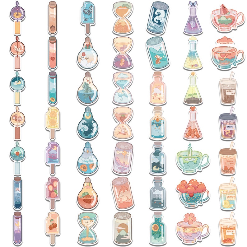 May include: A set of 50 colorful stickers featuring various designs, including fish, butterflies, clouds, hourglasses, and drinks. The stickers are perfect for adding a touch of whimsy to journals, laptops, water bottles, and more.