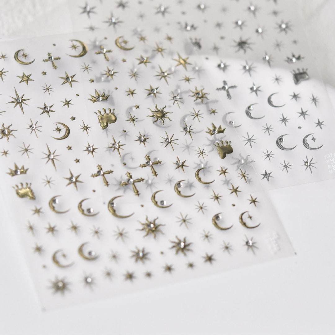 12er Pack Nagel-Decals Gold | Sonne, Mond, Sterne Design | Selbstklebend | Für DIY Nail Art Zu Hause