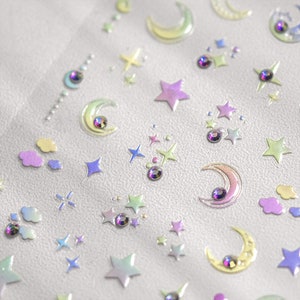 Moon And Star Nail Stickers, Moon And Star Nail Decals, Nail Sticker With Crystals, Nail Charms, Self-Adhesive Nail Sticker, DIY Nails