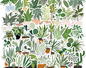 May include: A set of 50 green and white plant stickers. The stickers feature a variety of different plants, including cacti, succulents, ferns, and leafy plants. The stickers are perfect for adding a touch of nature to your planner, journal, laptop, or water bottle.
