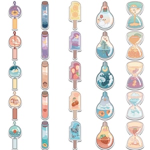 May include: Set of 20 colorful stickers featuring various designs, including wind chimes, test tubes, popsicles, light bulbs, and hourglasses. Each sticker features a unique design with a whimsical and cute aesthetic.