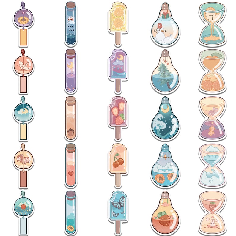 May include: Set of 20 colorful stickers featuring various designs, including wind chimes, test tubes, popsicles, light bulbs, and hourglasses. Each sticker features a unique design with a whimsical and cute aesthetic.