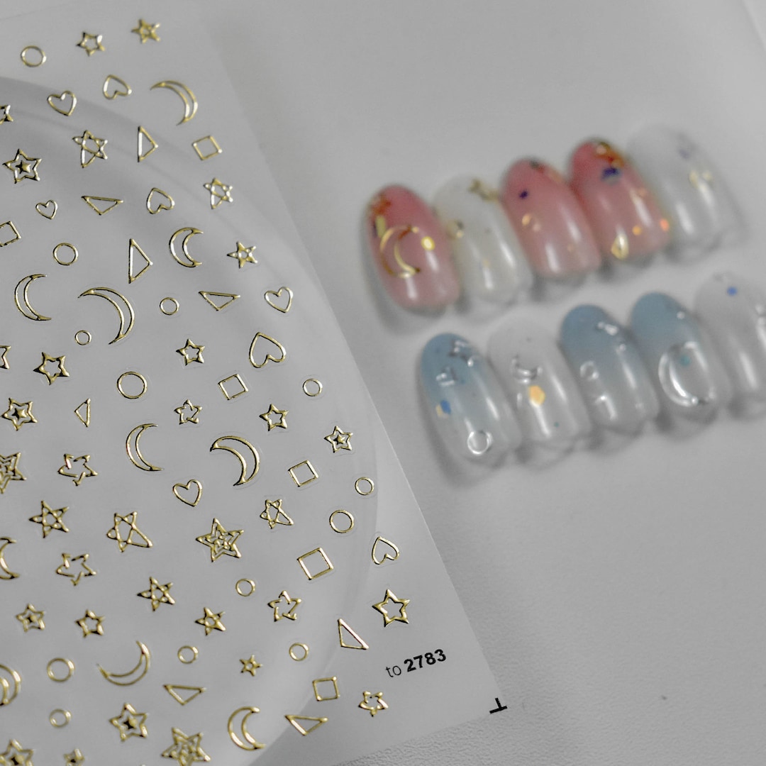 Gold Moon and Star Nail Stickers, Moon and Star Nail Decals, 3D Nail