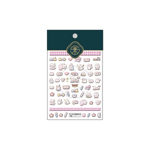 May include: A sheet of decorative stickers featuring various cute cartoon illustrations in pastel colors. The stickers include images of animals, hearts, bottles, and other small objects. The sheet has a dark green header and a pink and white checkered border.