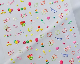 May include: A sheet of colourful, transparent stickers with various cute designs, including hearts, stars, flowers, balloons, birds, and the words "love" and "love you".