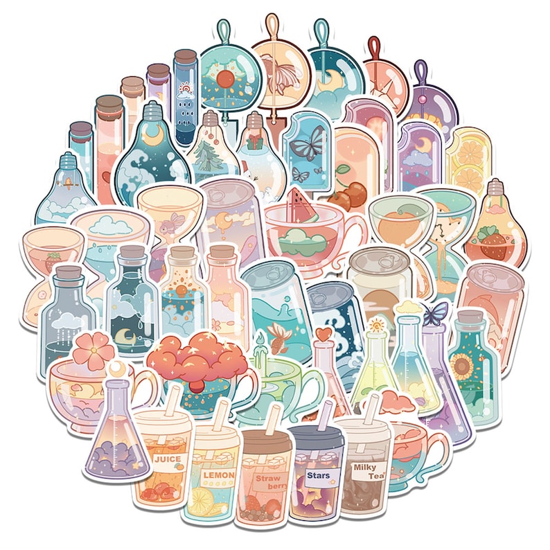 May include: A set of colorful stickers featuring various illustrations of bottles, jars, and other whimsical designs. The stickers include images of flowers, stars, moons, and other celestial objects. The stickers are perfect for adding a touch of whimsy to journals, laptops, water bottles, and other items.
