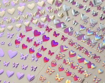 Gold Silver Heart And Butterfly Nail Stickers, Gold Heart Nail Decals, Silver Nail Stickers, Nail Decals, DIY Nails, 3D Nail Sticker