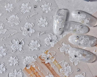 Pegatinas de flores blancas para uñas, calcomanías de flores para uñas, arte de uñas floral, pegatinas para uñas con cristales para uñas, uñas DIY