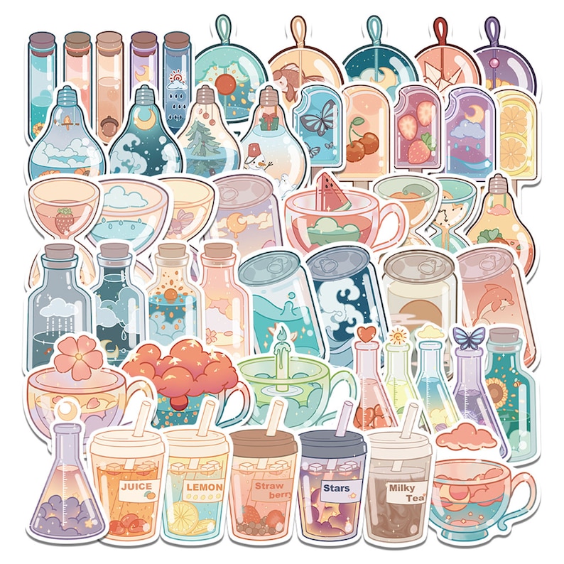 May include: A set of colorful stickers featuring various designs, including bottles, cups, stars, and other whimsical illustrations. The stickers are perfect for adding a touch of personality to journals, laptops, water bottles, and more.