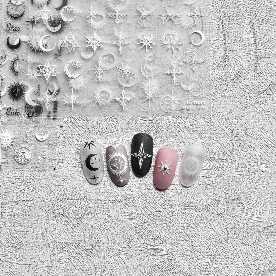 Moon Nail Stickers, Moon and Star Nail Stickers, Nail Decals, White and