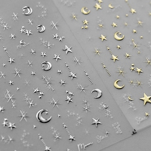 Gold/Silver Star And Moon Nail Stickers, Gold/Silver Star Decals, Gold/Silver Nail Art Sticker, DIY Nails