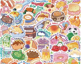 50 Pcs of Cartoon Food Stickers, Cute Stickers Pack, Kawaii Cake Stickers, Laptop Stickers, Notebook Stickers