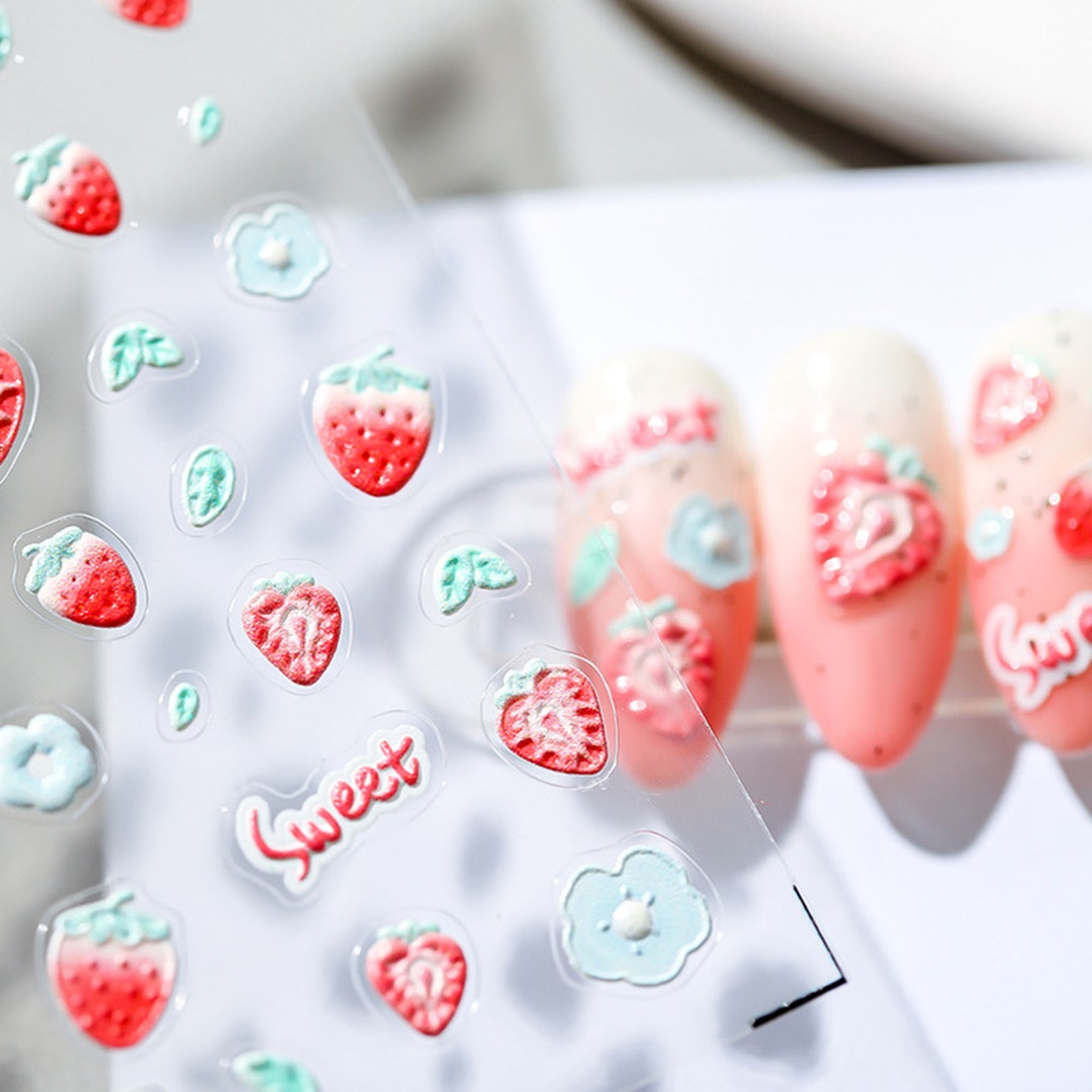 Strawberry Nail Stickers, Kawaii Nail Decals, Cute Nail Art, 5D