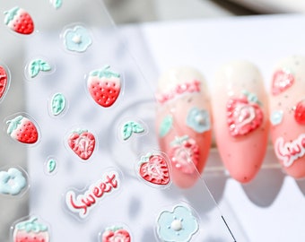 Erdbeere Nagel Aufkleber, Kawaii Nagel Aufkleber, süsse Nagelkunst, 5D geprägt, DIY Nägel