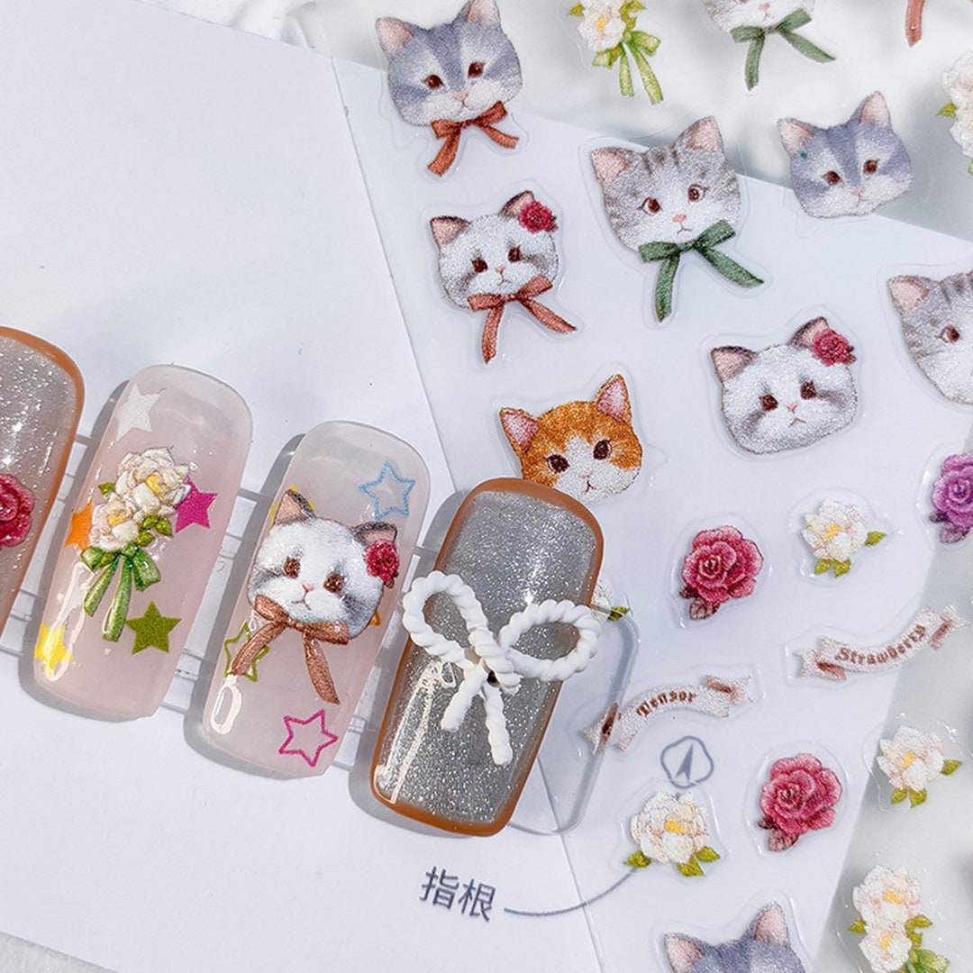 Cat and Flower Nail Stickers, Kawaii Cat Nail Decals, Nail Decal Art