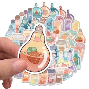 May include: A set of colorful stickers featuring various cute illustrations of bottles, jars, and light bulbs. The stickers have a whimsical and aesthetic design, perfect for adding a touch of charm to journals, laptops, or water bottles.