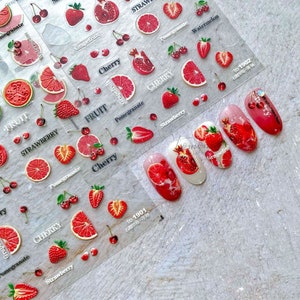 Fruit Nail Decals, Fruit Nail Stickers, Strawberry Nail Decals, 3D Nail Decals, Cute Fruit Nail Decal, Summer Nail Design, DIY Nails