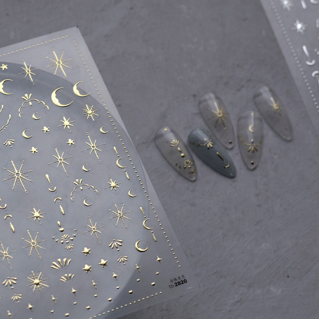 Gold Moon and Star Nail Stickers, Gold Nail Decals, Silver Nail