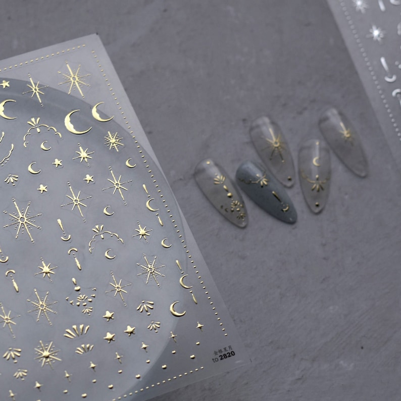 Gold Moon and Star Nail Stickers Gold Nail Decals Silver Etsy