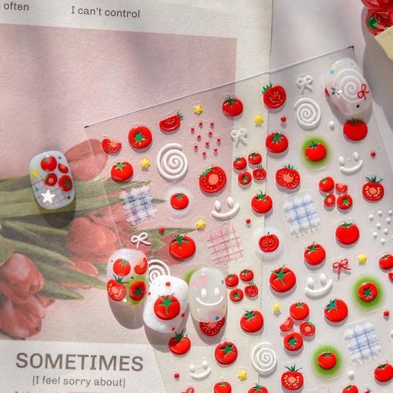 Cute Tomato Nail Stickers, Fruit Nail Stickers, Cute Nail Decals, 3D Nail Stickers, Nail Art, Cute Manicure