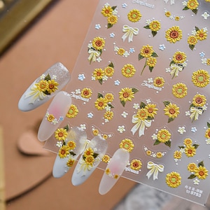 Sunflowers Nail Stickers, Sunflower Nail Decals, Flower Nail Stickers, Embossed Nail Stickers, Yellow Flower Nail Decal