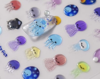Söta maneter nagelklistermärken, tecknade nageldekaler, söta nageldekaler, 3D-gelé-stil nagelklistermärken, maneter nageldesign, gör-det-själv naglar