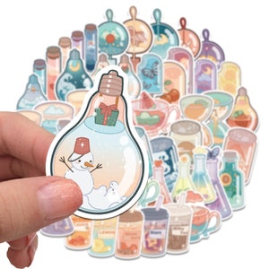 May include: A set of 50 colorful stickers featuring various cute illustrations, including a snowman in a lightbulb, bottles, and other whimsical designs. The stickers are perfect for adding a touch of personality to journals, laptops, water bottles, and more.