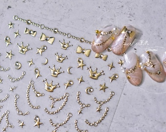 Gold/Silver Nail Stickers, Gold/Silver Chain Nail Decals, Nail Sticker With Nail Charms, Gold Star Nail Decals, DIY Nails
