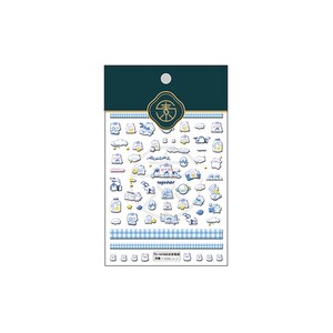 May include: A sheet of decorative stickers featuring various cartoon characters and objects in shades of blue, white, and yellow. The stickers include clouds, animals, and the word "together". The sheet has a dark green top with a gold emblem and a blue gingham border.