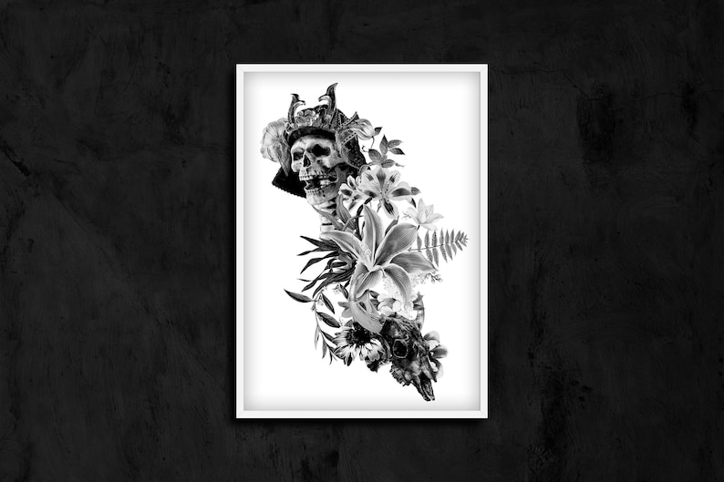 Black Skull Print/gothic Home Decor/black and White Skull Wall Art ...