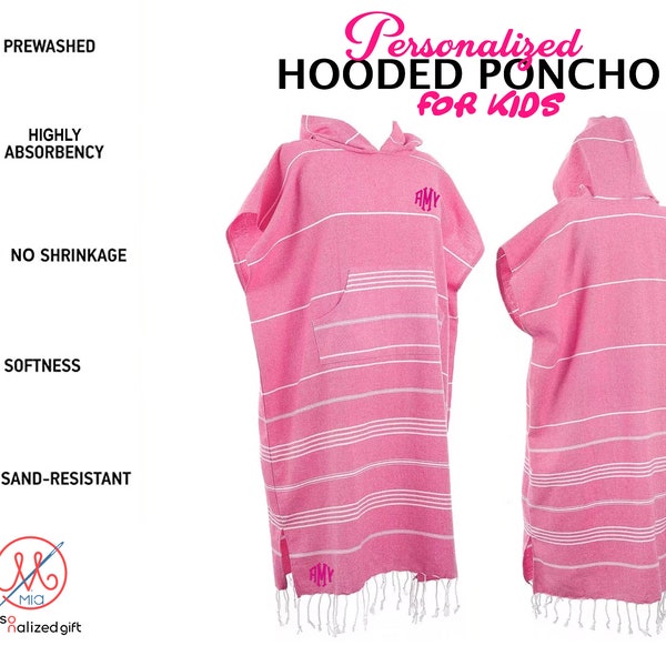 Personalized Kids Poncho, Custom Summer Gift, Beachwear Coverup, Turkish Beach Towel with Hoodie, Monogrammed Birthday Gifts for Children