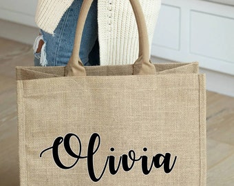 Personalized Handmade Gift Jute Tote Beach Bag, Girls Trip Favors, Custom Tote Bag, Unique Holiday Gift, Mothers Day Gifts, Teacher Gifts
