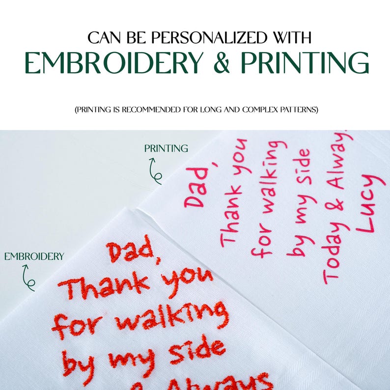 May include: A white fabric with red embroidery and handwritten text. The embroidery says "Dad, Thank you for walking by my side". The handwritten text says "Dad, Thank you for walking by my side Today & Always Lucy".