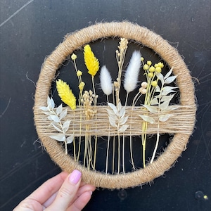 Hoop Wreath Ring with Dried Flowers and jute cord. Boho Flower Wall Decoration. Handmade Spring Décor. 7,7 inch (29,5cm)