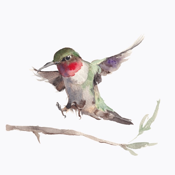 Hummingbird Wall Art Print Download, Hummingbird Watercolor, Flying Bird Wall Art, Living Room Wall Decor, Gift for Mom