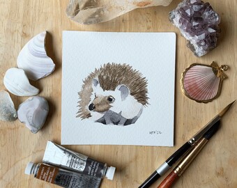 Hedgehog Original Watercolor Painting, Miniature Woodland Animal Painting, Hedgehog Gift, Hedgehog Wall Decor