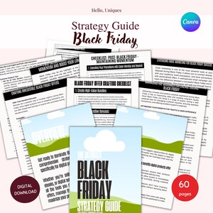 May include: A digital strategy guide for Black Friday, with a green and white cloud design. The guide includes checklists, tips, and strategies for maximizing sales during the holiday season. The guide is 60 pages long.