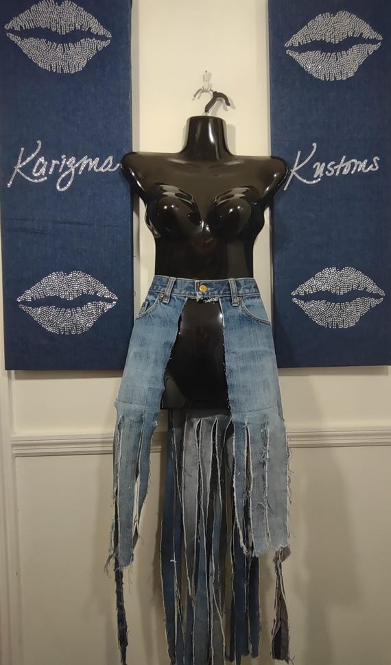 Roko　HOUGA jean frill belt Hi/lo Fringe Denim Belt 32in #6 - Etsy