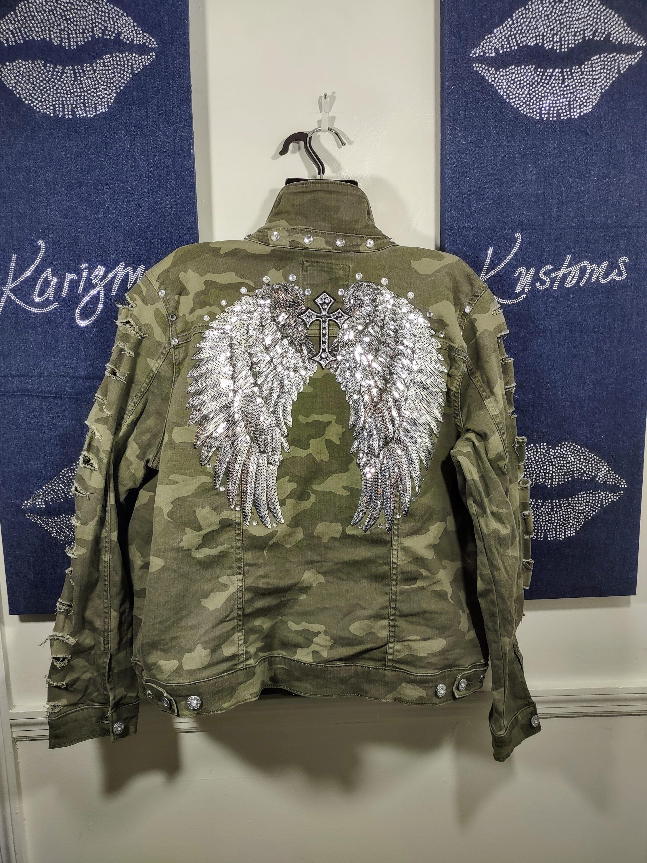 Personalised Jacket Camo Jacket With Angel Wings Sequin Wings Camo