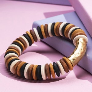 Multi colored wooden disk bracelet