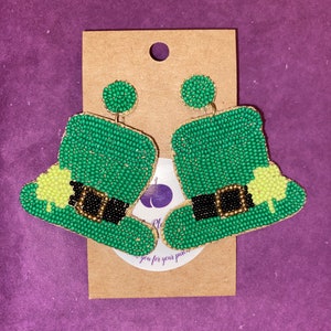 St. Patrick’s Day Beaded Top Hat Clover Leprechaun Statement Earrings