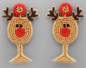 Red Nose Reindeer wine glass beaded statement earrings-- so cute for Christmas!